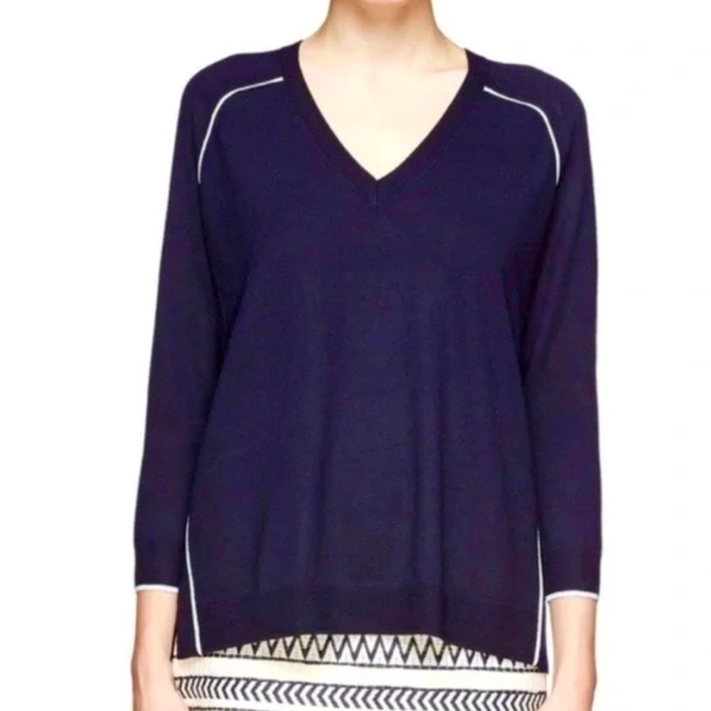 J. Crew Navy Merino Wool Tipped Side Panel V-Neck Sweater